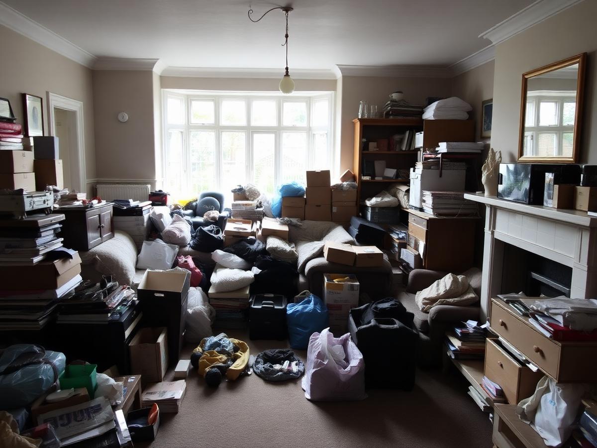 Cluttered living room before clearance